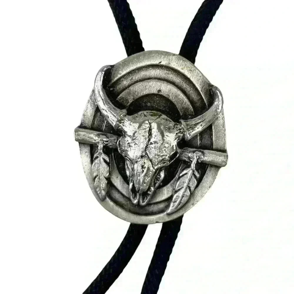 Retro Cowboy Bolo Tie, Silver metal Buffalo Skull & Feathers, Boho Western Style